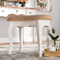 Baxton Studio HL6B-A012-White-Otto Gabrielle Traditional French Country Provincial Sand Velvet Fabric Upholstered White-Finished Wood Vanity Ottoman